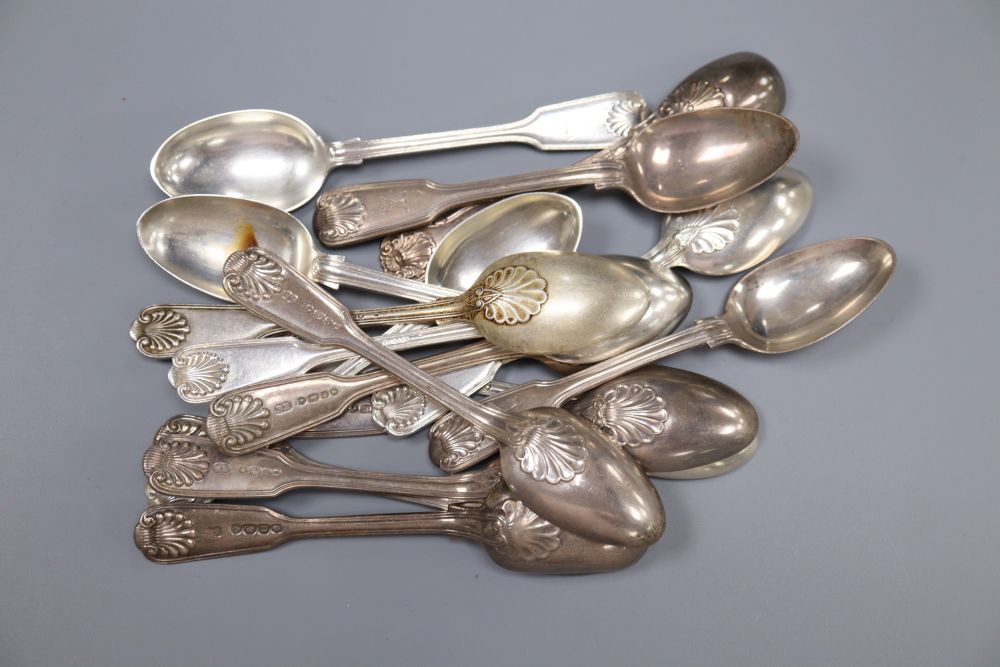 Fourteen assorted 19ct century silver fiddle, thread an shell pattern teaspoons, various dates and makers and two other spoons